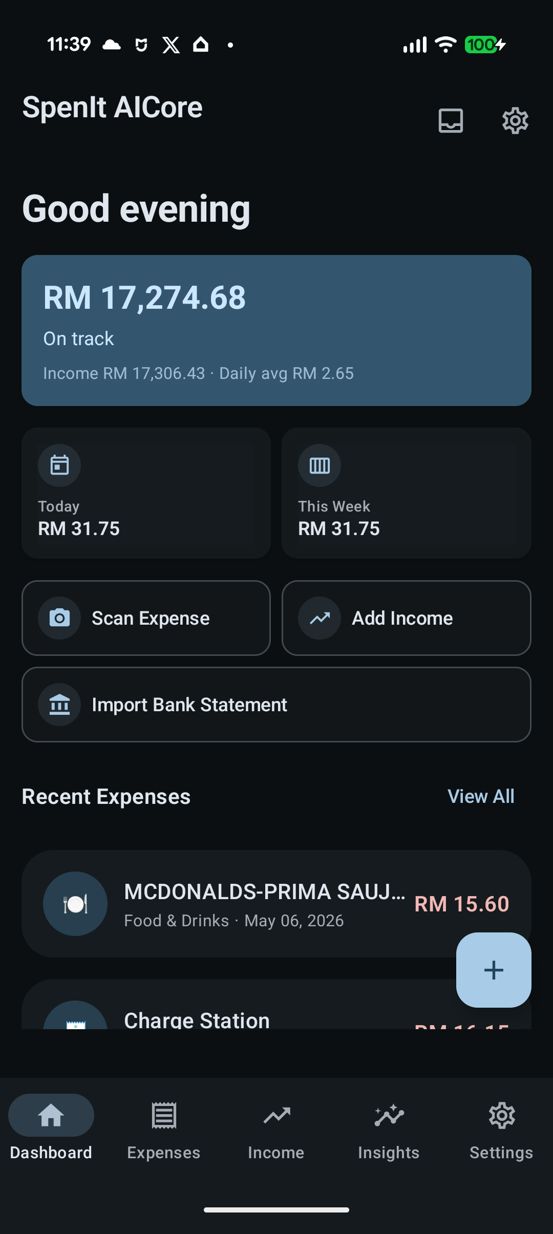 SpenIt AICore dashboard showing balance, spending cards, quick actions, and recent expenses.