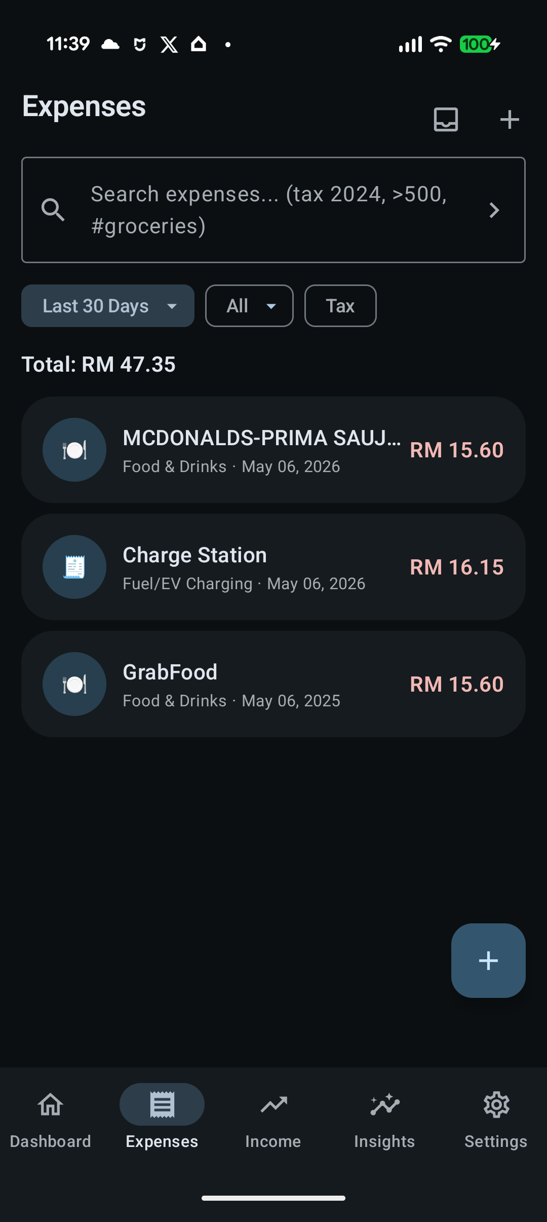 SpenIt AICore expenses screen showing tracked spending records.